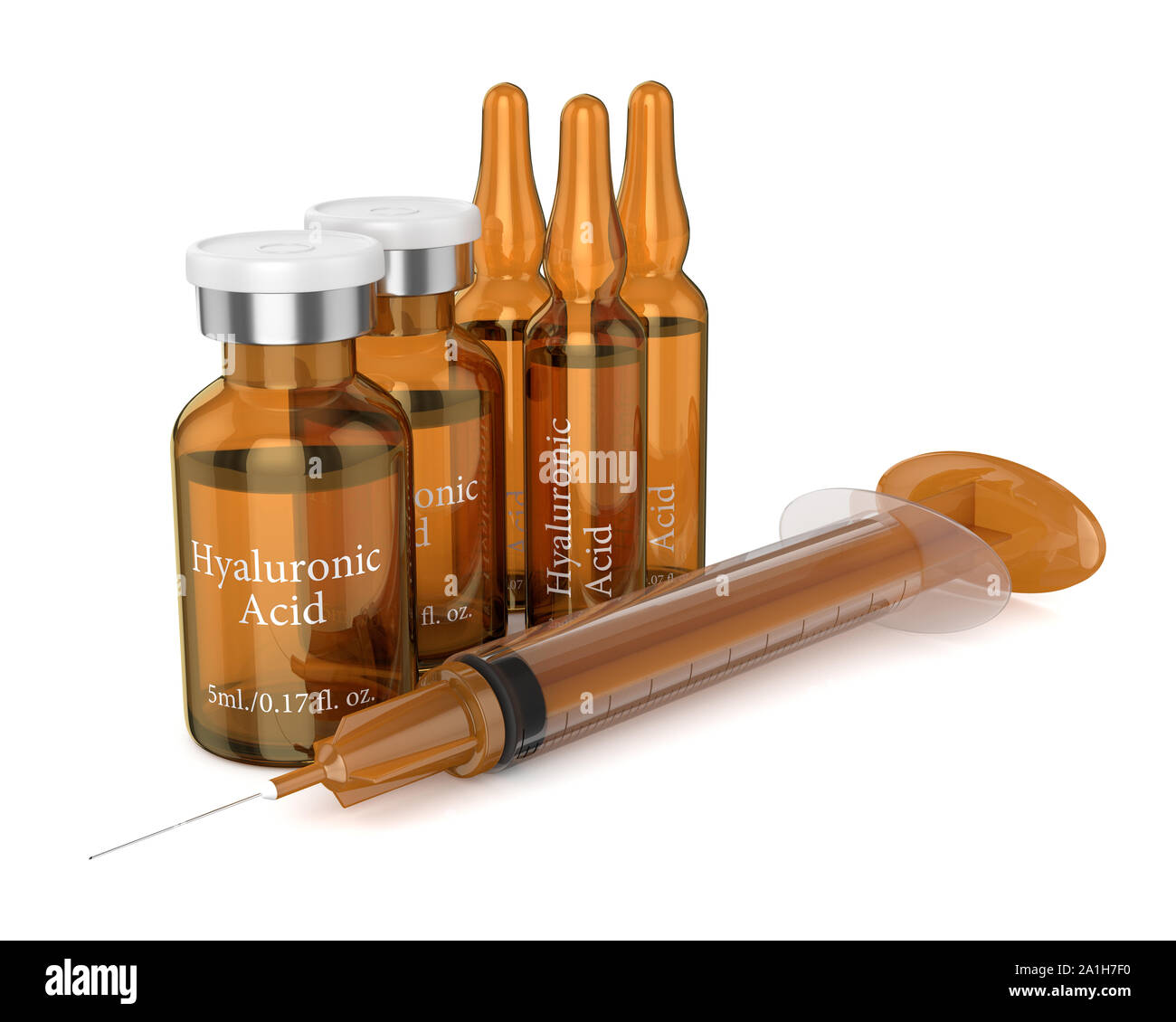 Le rendu 3D de l'acide hyaluronique les ampoules, flacons et seringues isolated over white background Banque D'Images