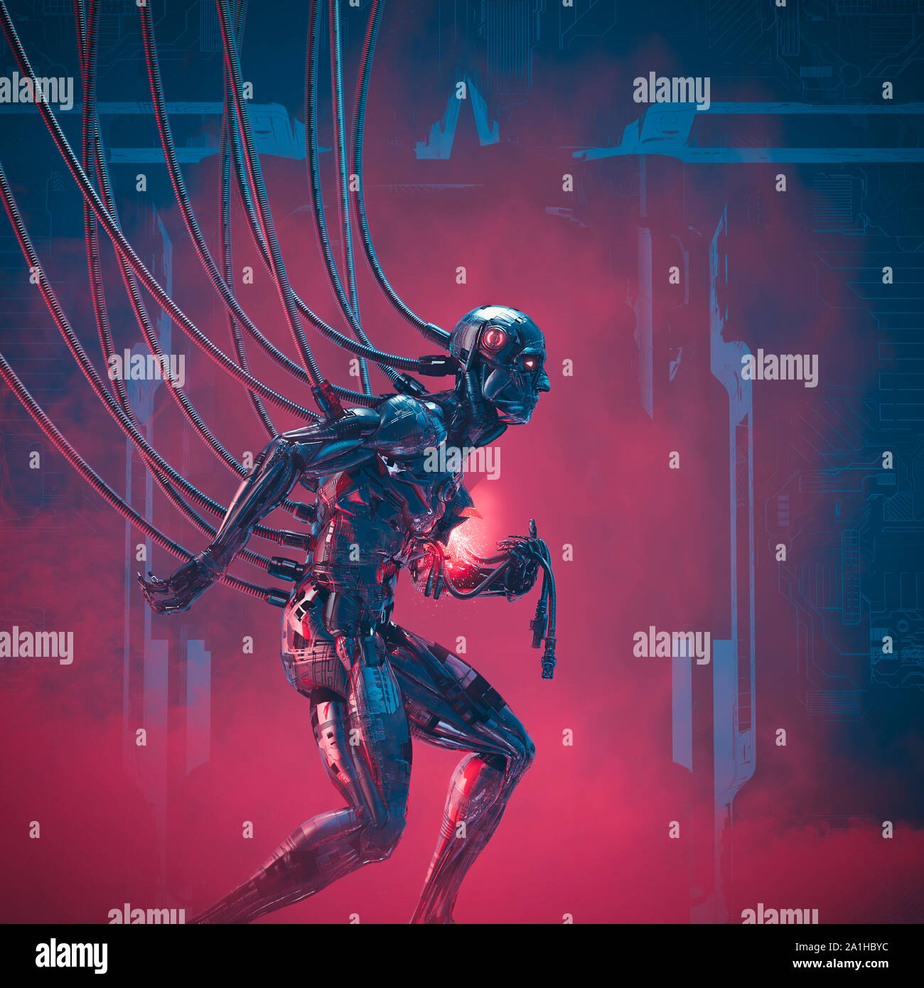 L'échec du système / imminent 3D illustration de la science-fiction futuriste endommagé mâle métallique humanoïde cyborg cherchant de l'aide Banque D'Images