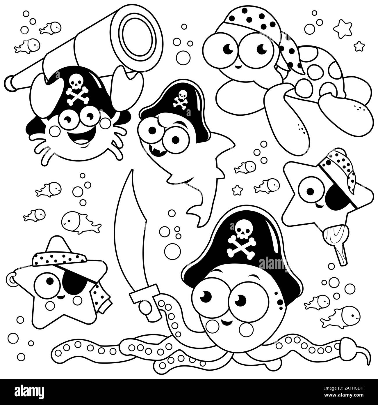 Ensemble d'animaux de mer pirate avec des épées, Spyglass, crochets et  chapeau de pirate. Livre de coloriage noir et blanc la page Photo Stock -  Alamy