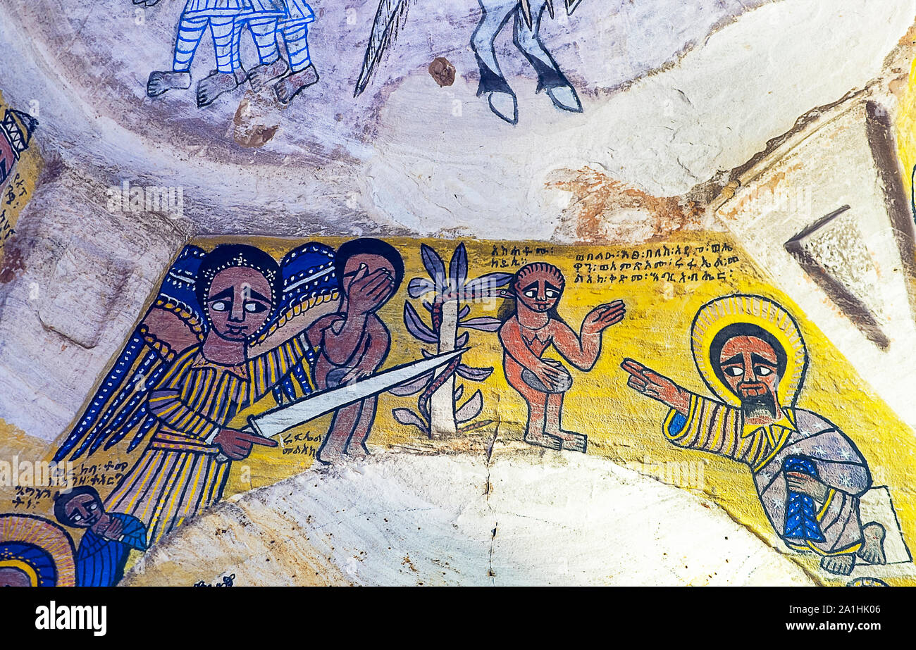 Le bannissement d'Adam et Ève du jardin d'Eden, fresque dans l'église rupestres orthodoxe Abouna Gebre Mikael, Koraro, Gheralta, Tigray, Éthiopie Banque D'Images