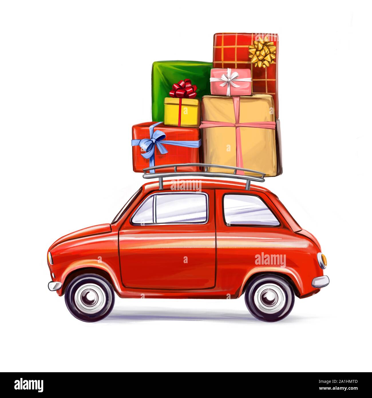 Boîte-cadeau sur la voiture, noël ornement décoratif, l'art illustration peinte avec aquarelles isolé sur fond blanc Banque D'Images
