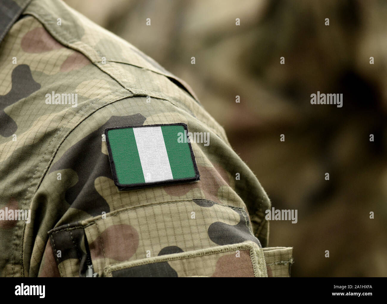 Pavillon du Nigeria sur l'uniforme militaire. Armée, soldats, Afrique (collage). Banque D'Images