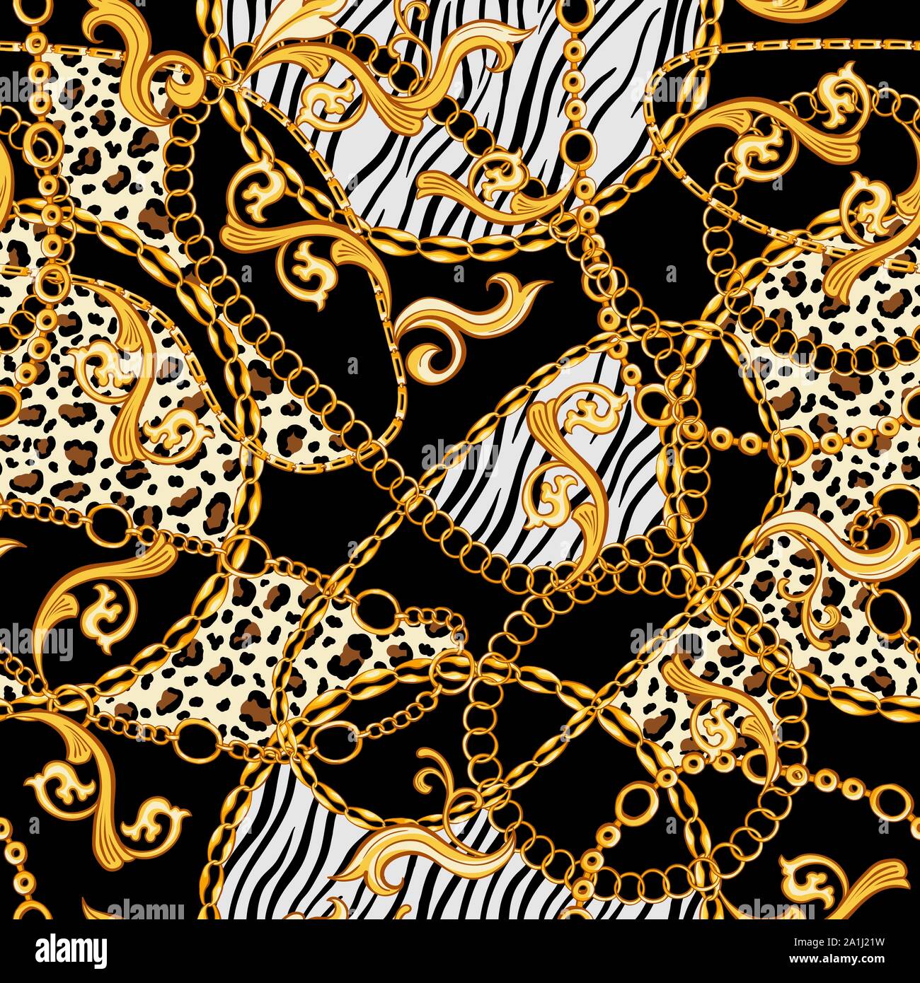 Les chaînes d'or, ornements Baroque mélangé avec Tiger et Modèles animaux zèbre. Modèle transparent avec fond noir. Les années 80 la mode stylisé Illustration de Vecteur