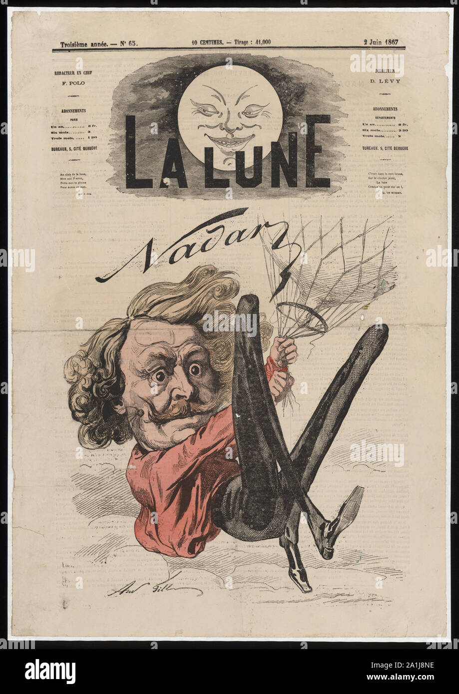 Nadar ; Français caricature de Nadar aéronaute et photographe accrochant sur les filets de corde autour d'un ballon qui semble avoir perdu son panier. ; Banque D'Images