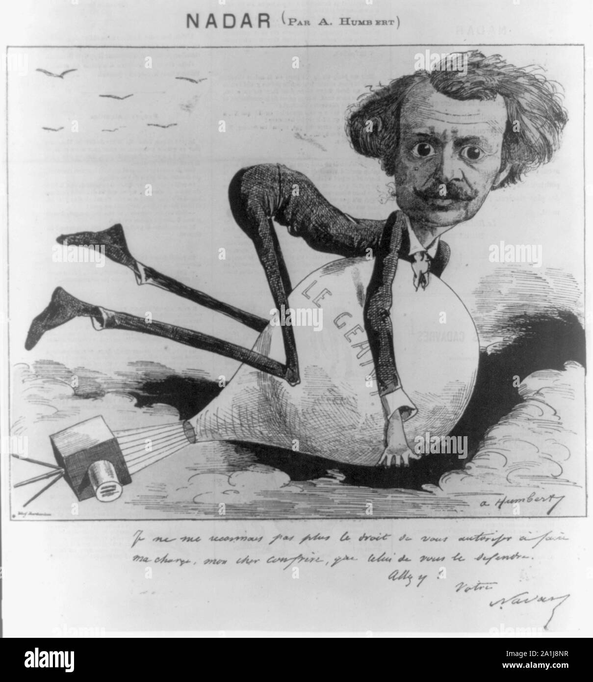 Nadar ; Français caricature de photographe et aéronaute Nadar accroché à son ballon, Le Géant, qu'il dérive avec le vent. Le panier de la montgolfière est dépeint comme un appareil photo. ; Banque D'Images