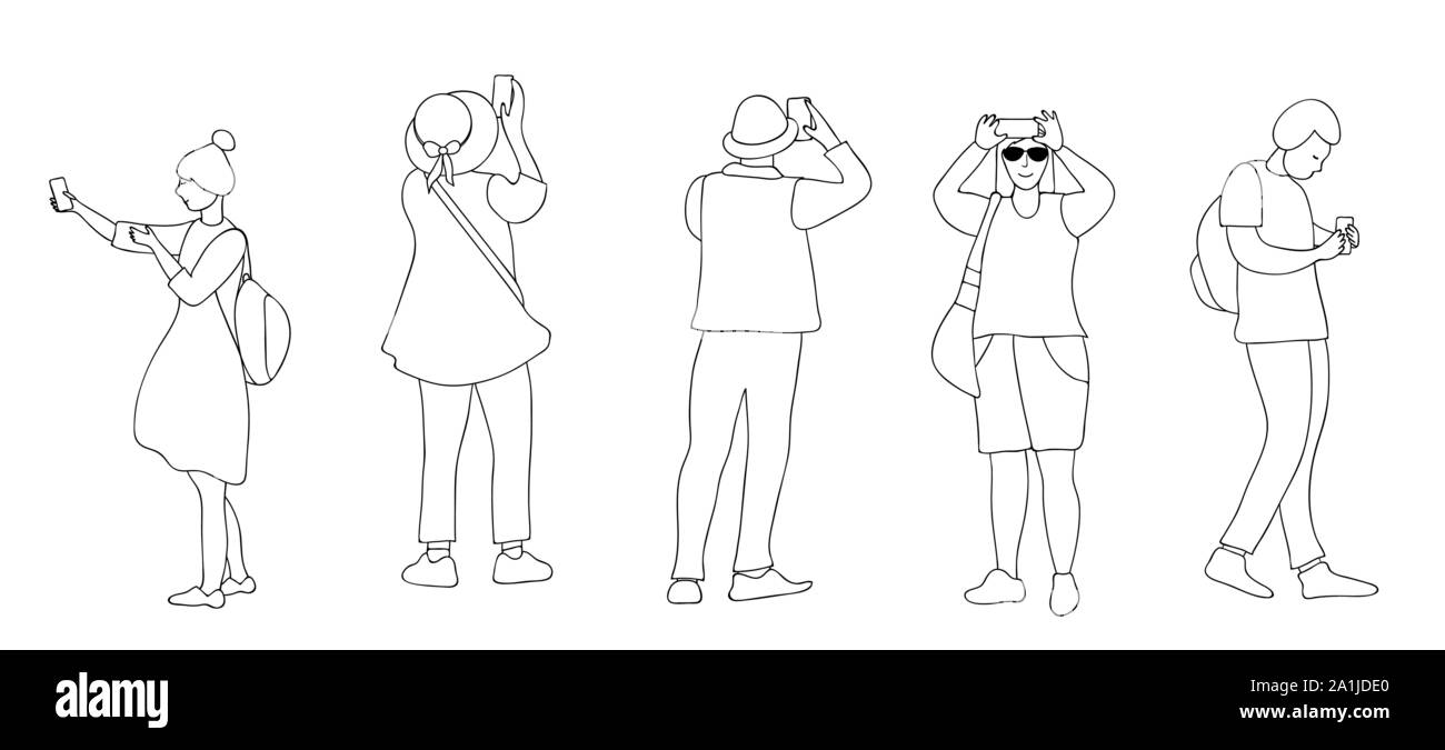 Les gens avec les smartphones contours définis. Illustrations vectorielles isolé sur fond blanc. Concept des médias sociaux Illustration de Vecteur