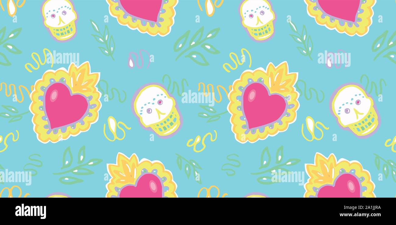 Seamless vector le jour des morts avec motif art folklorique burning red Heart et shugar scull dans des tons pastel. Drôle et heureux pour votre fête parfaite. Illustration de Vecteur