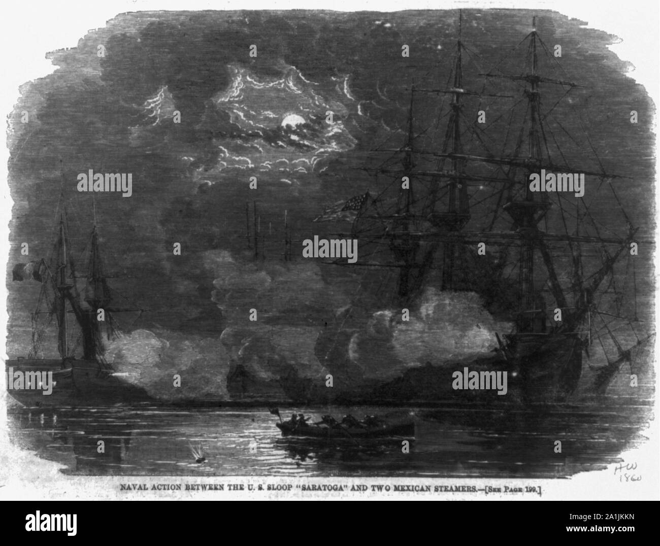 Action navale entre les États-Unis et Saratoga Sloop deux steamers mexicain Banque D'Images