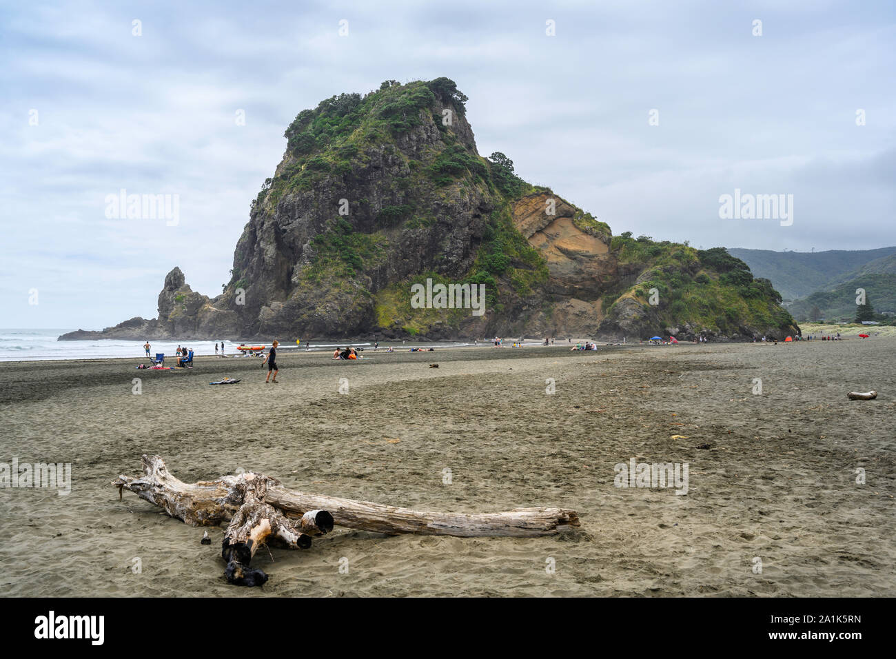 Lion Rock emblématique divise le nord et le sud Piha plages, Piha, Nouvelle-Zélande. Banque D'Images