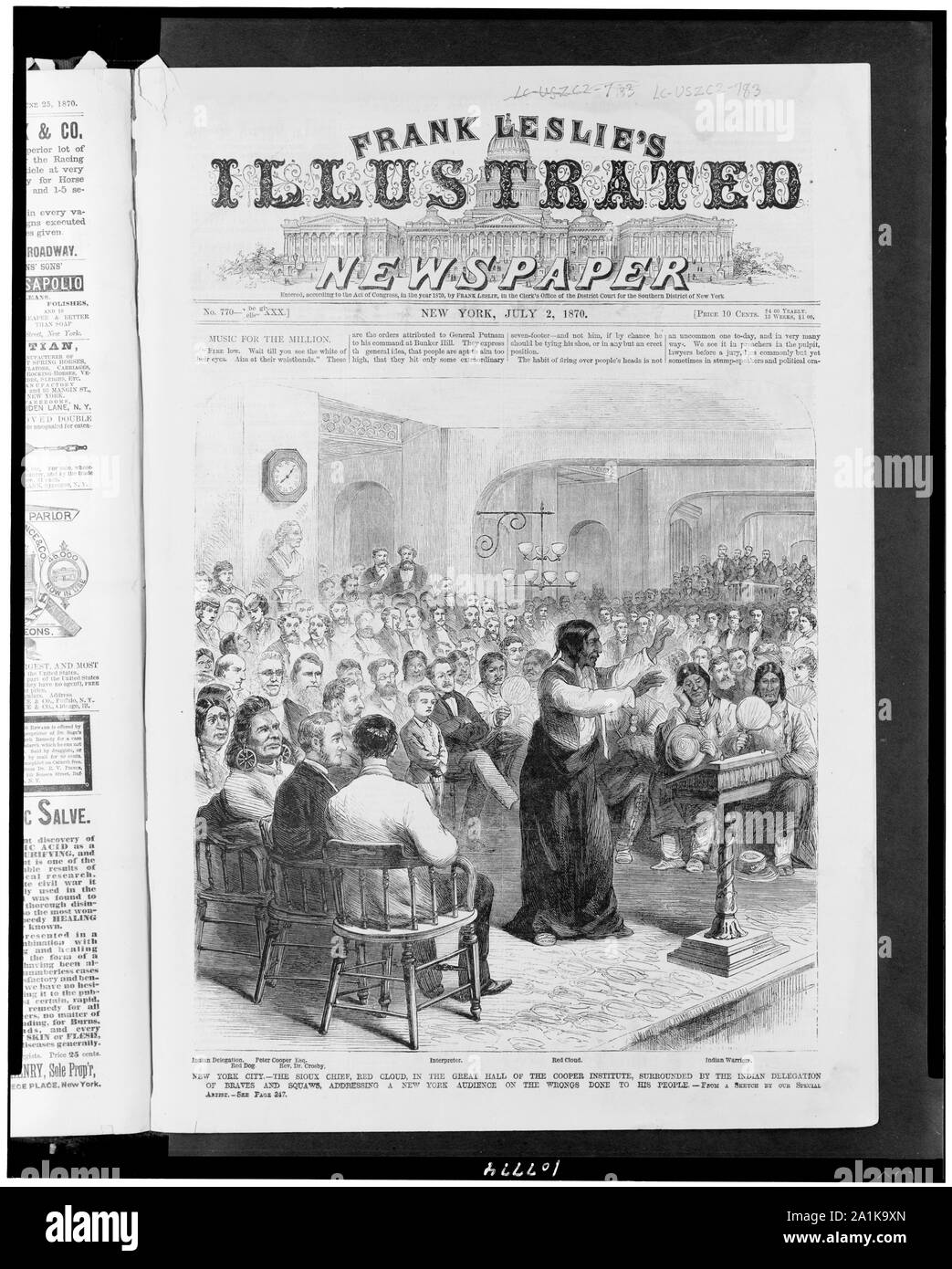 New York - le chef sioux, Red Cloud, dans le Grand Hall de l'Institut Cooper, entouré par la délégation indienne de braves squaws et, s'adressant à un auditoire de New York sur les préjudices causés à son peuple / à partir d'un sketch par notre artiste. Banque D'Images