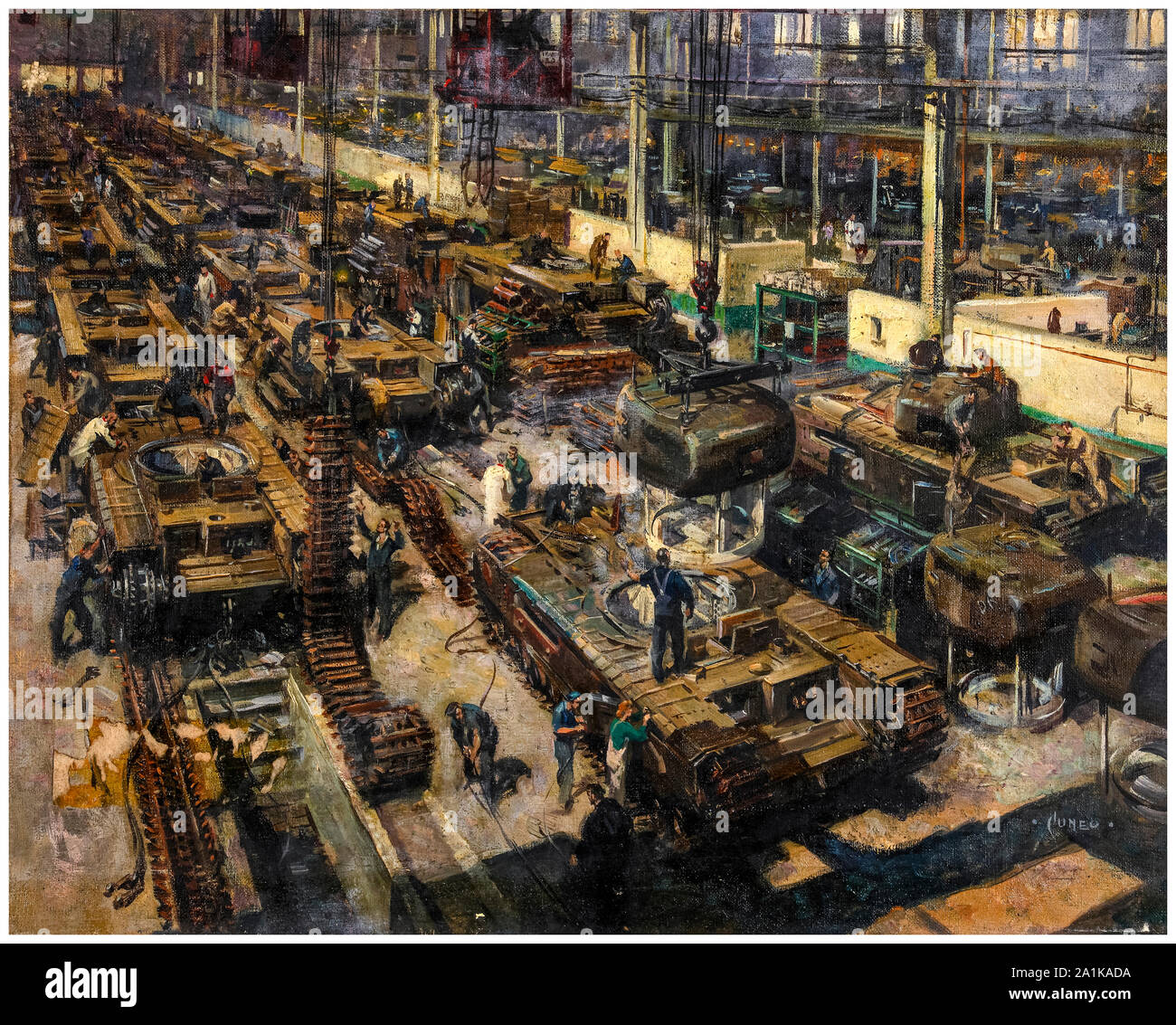 British, WW2, industrie, Production, réservoir de travailleurs fabriquent, Churchill réservoirs, sur une ligne de production en usine, peinture, par Terence Cuneo, 1939-1946 Banque D'Images