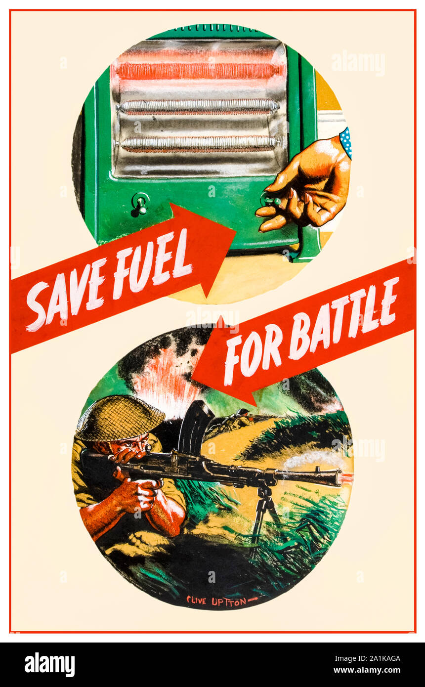 British, WW2, l'économie de carburant, d'économiser du carburant pour la bataille, (main mise hors feu électrique, mitrailleur Bren), affiche, 1939-1946 Banque D'Images
