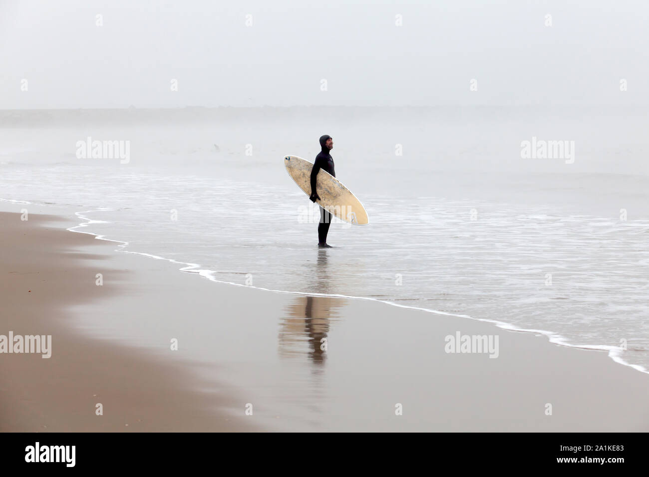 SCHEVENINGEN - un surfeur de porter une combinaison isothermique prêt à entrer dans la mer d'hiver froid Banque D'Images