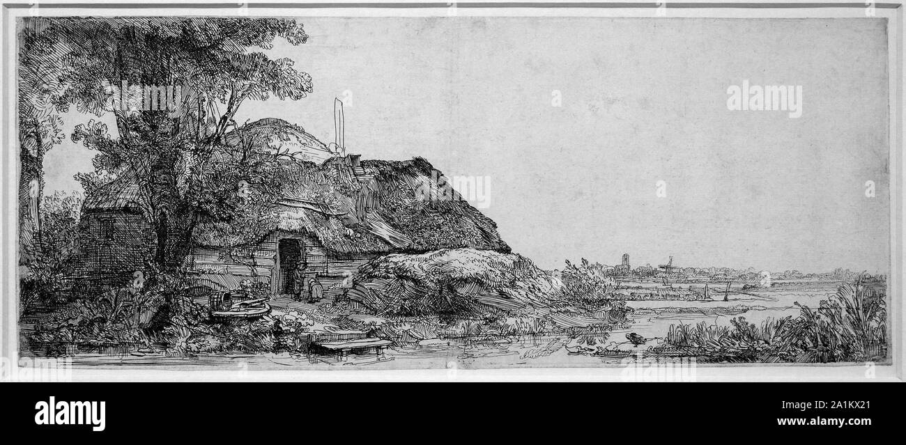 Paysage avec un Cottage et un grand arbre, 1641 gravure de Rembrandt van Rijn. Banque D'Images