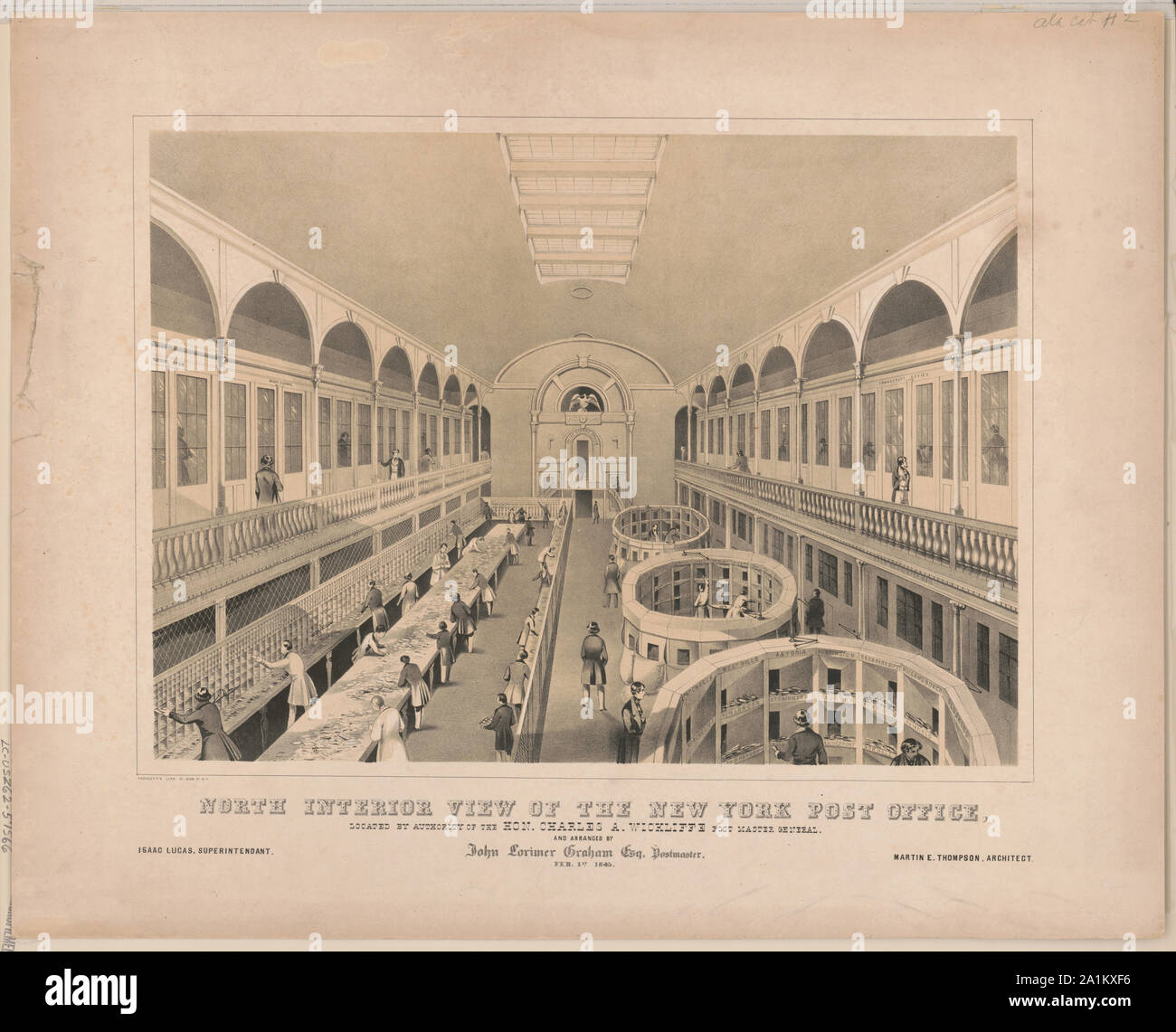 L'intérieur de la Nouvelle York bureau de poste, situé à par l'autorité de l'honorable Charles A. Wickliffe Post maître général et composé par John Lorimer Graham Esq. 1er février 1845, le ministre des Postes Banque D'Images