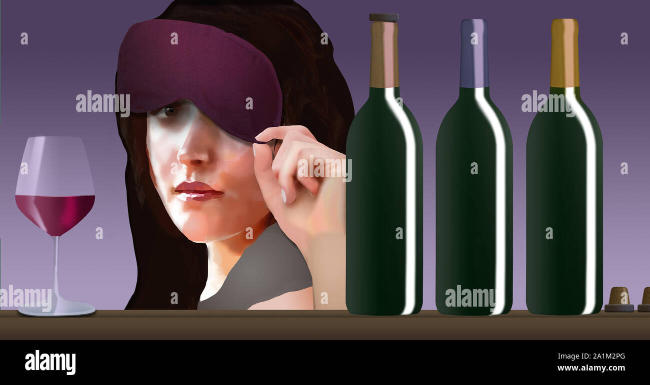 Une femme de pics de sous son bandeau pour jeter un coup d'œil sur les  bouteilles de vin dans cette illustration sur dégustations aveugles Photo  Stock - Alamy