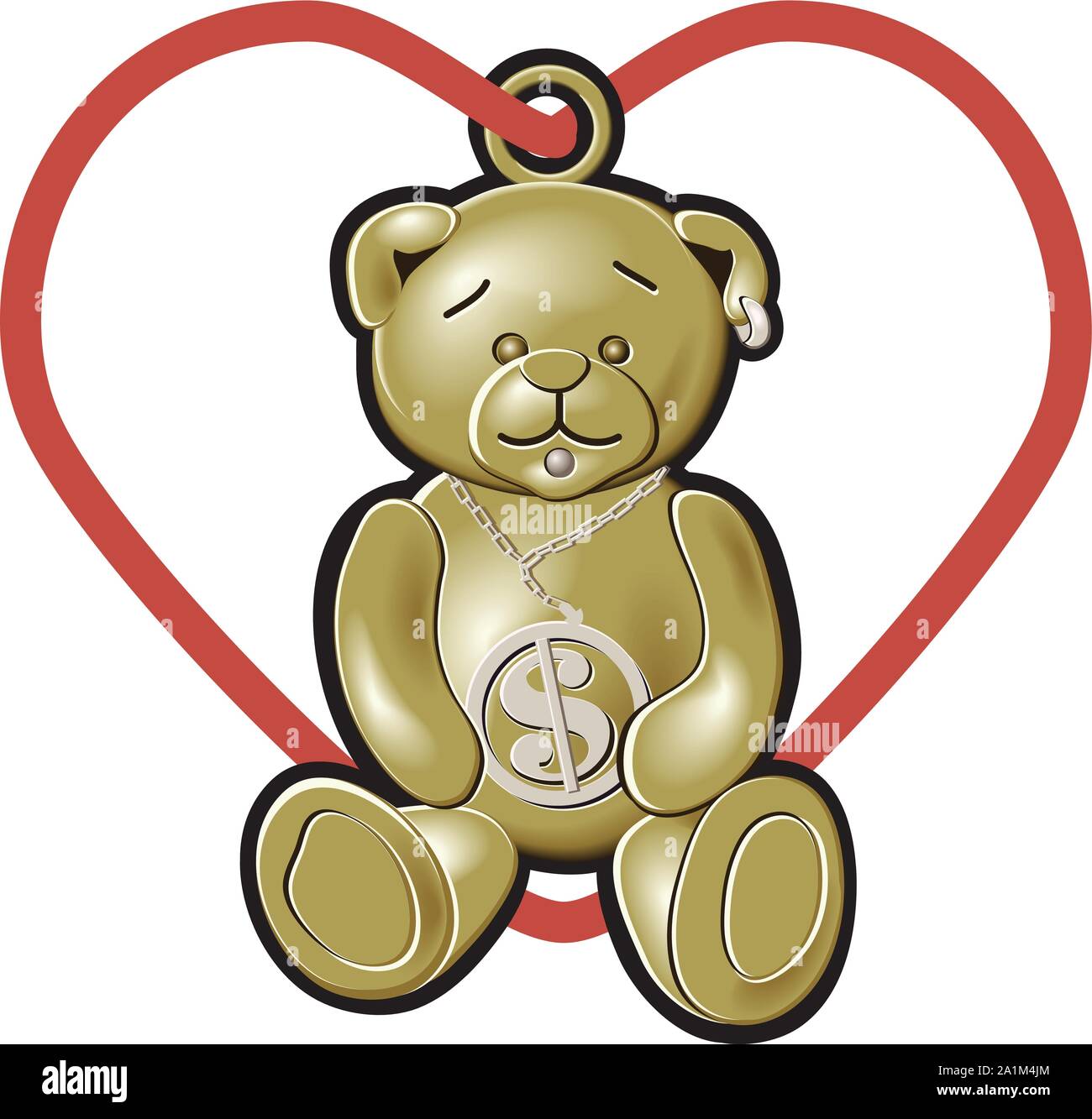 Un ours charme en Or & Argent avec un cœur rouge chaîne mise en forme d'exécution à travers une boucle sur le dessus Illustration de Vecteur