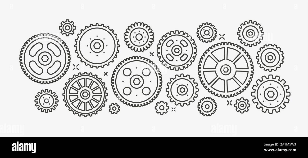 Mise en plan de style linéaire de l'ensemble d'engrenages. Illustration vectorielle Illustration de Vecteur