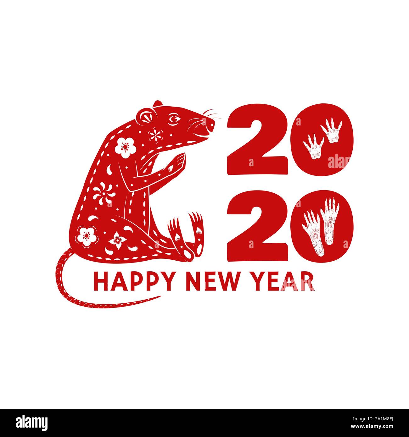 Joyeux Noël et Bonne Année 2020, timbre autocollant avec signe de nouvelle année - rat. Vector illustration. Typographie design pour Noël, nouvel an dans l'emblème de style rétro. Illustration de Vecteur
