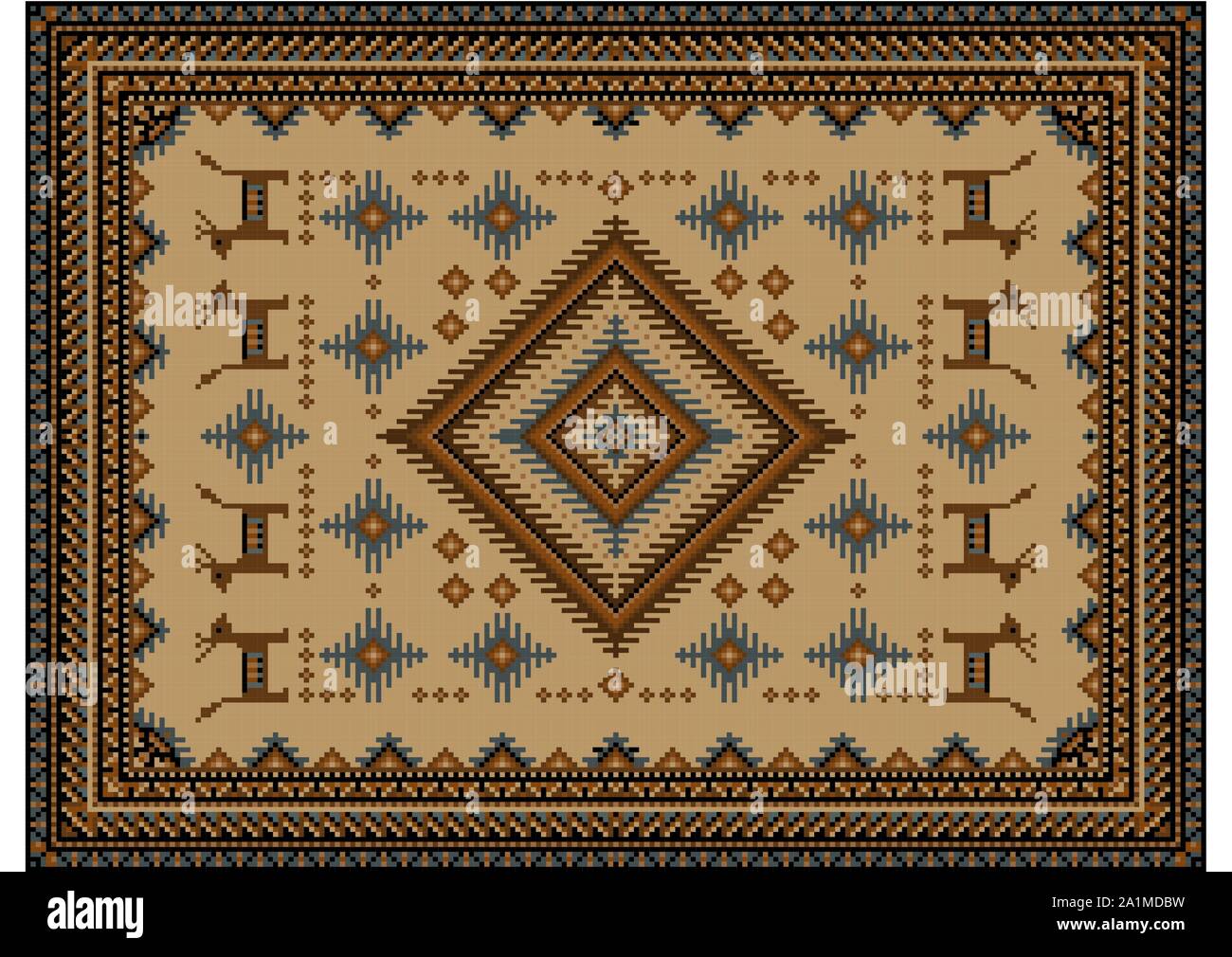 Vintage luxe tapis dans des tons marron avec un losange au centre avec des motifs de chevaux et de croix sur un jaune mat Illustration de Vecteur