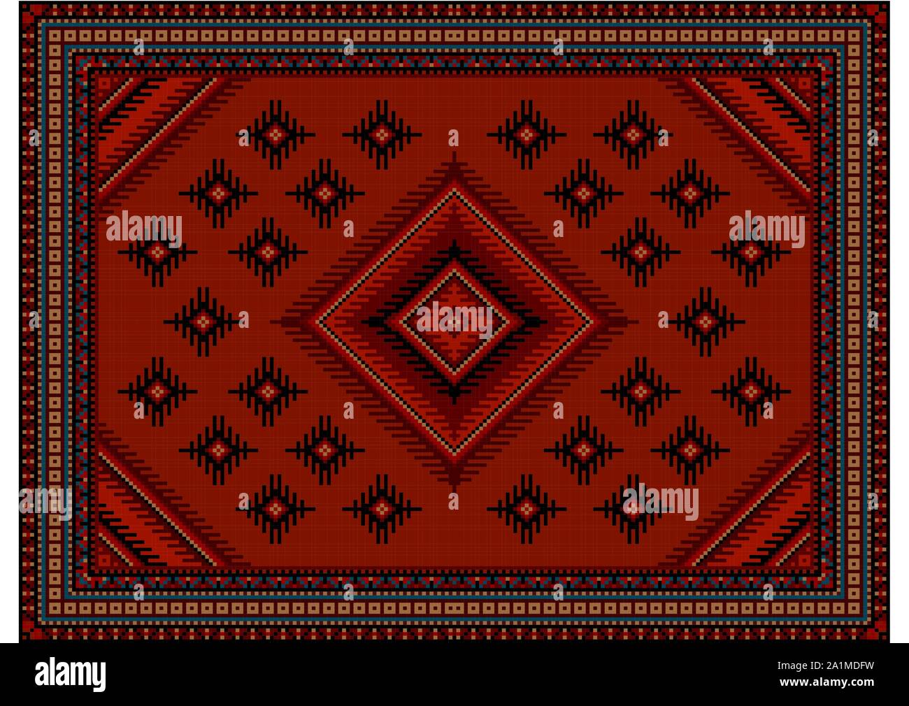 Tapis vintage luxe dans bordeaux avec un motif de losange dans le centre avec des motifs de noir, rouge, jaune et bleu mat Illustration de Vecteur