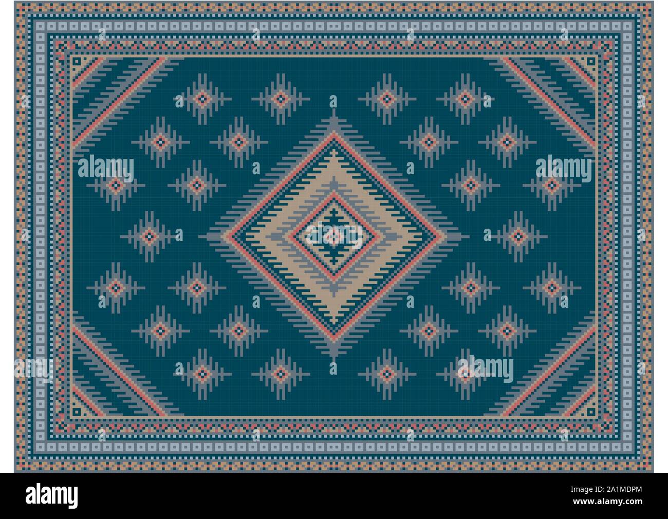 Tapis Vintage dans des tons bleus avec un jaune sale et rose en forme de diamant dans le centre avec des motifs de couleur bleu, rose, bleu et jaune sale colo Illustration de Vecteur