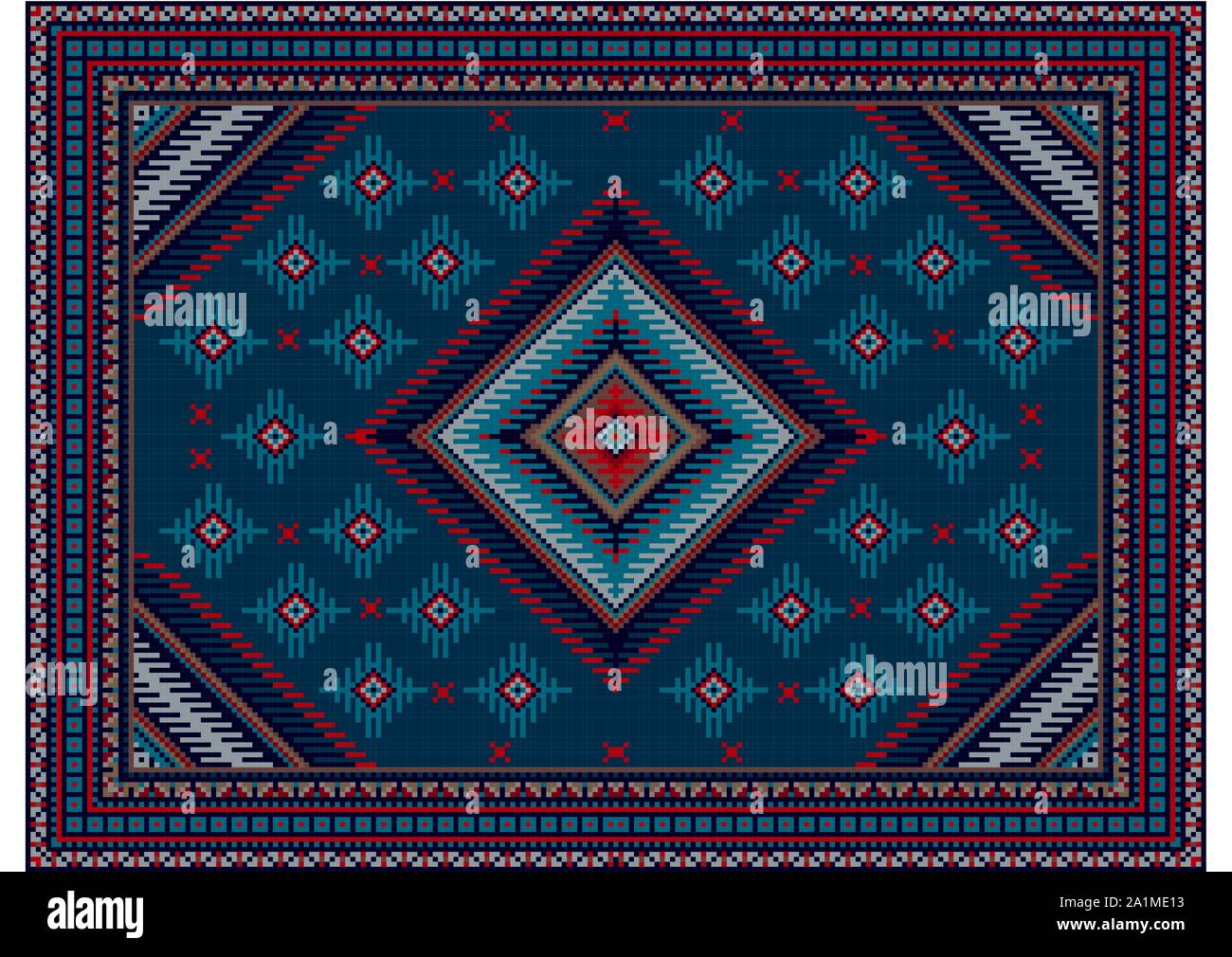Vintage luxe tapis dans des tons bleus avec un cadre en forme de losange rouge dans le centre avec des motifs de bleu foncé, rouge, bleu et gris Illustration de Vecteur