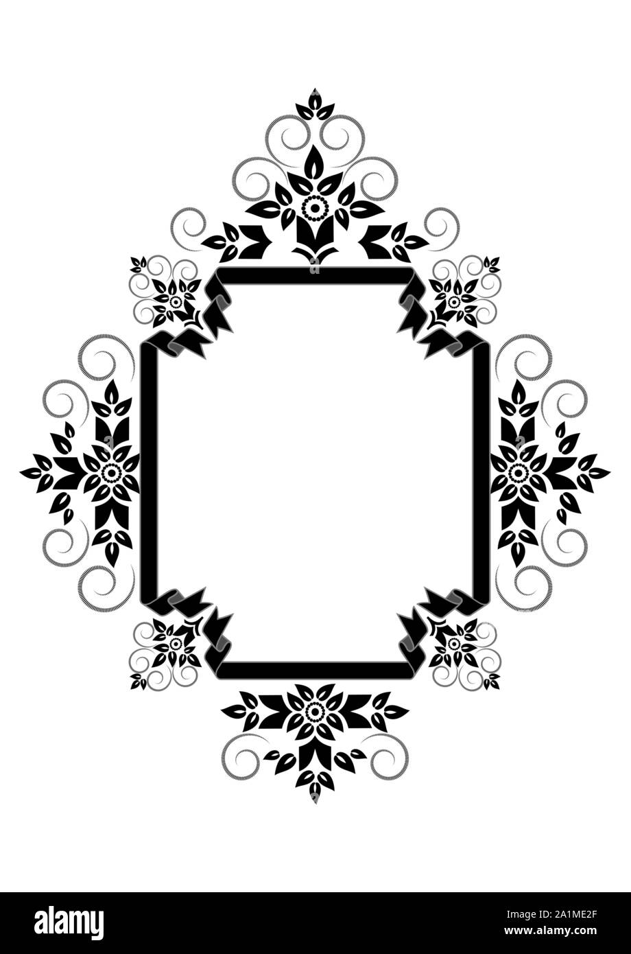 Ruban noir cadre rectangulaire avec bords incurvés et les modèles de coups avec fleurs et feuilles stylisées sur fond blanc Illustration de Vecteur