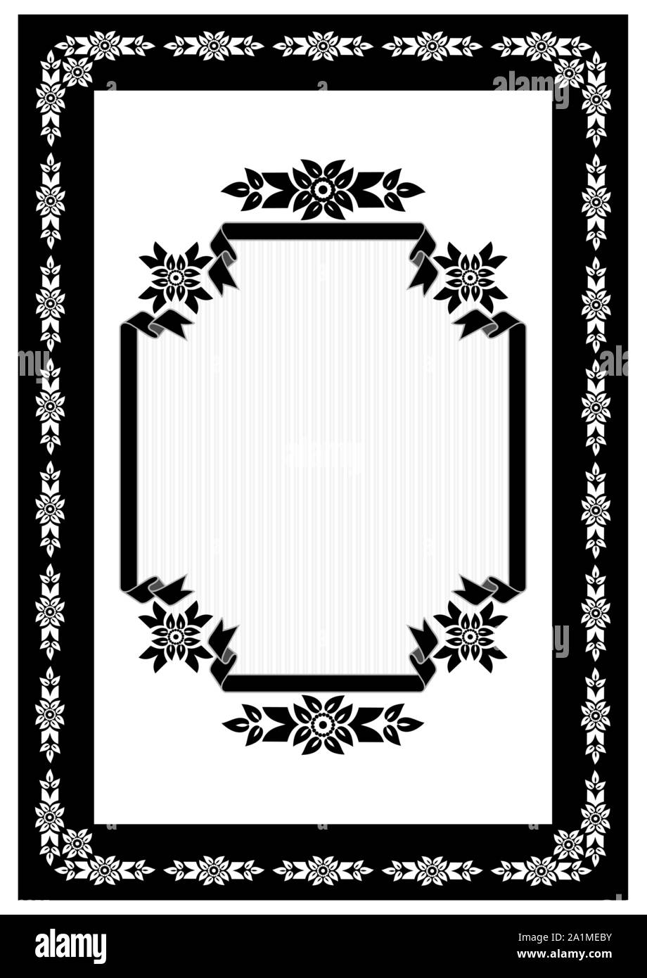 Ruban noir d'origine avec les bords incurvés encadrée par une bordure noire avec des motifs de fleurs stylisées blanches avec des feuilles sur fond blanc Illustration de Vecteur