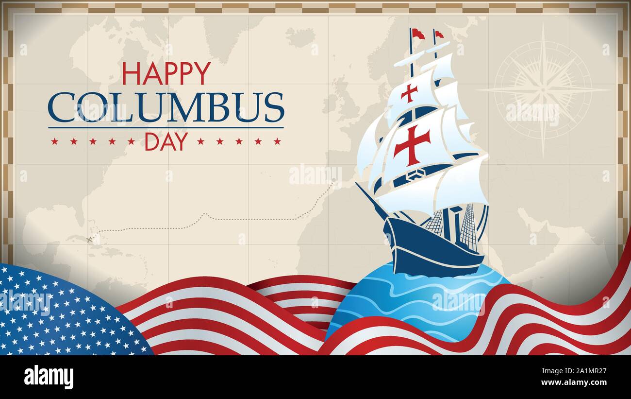 HAPPY COLUMBUS DAY carte de Vœux. Caravel bleu sur cercle avec vagues bleues et USA Drapeaux en forme de vagues avec la carte du monde en couleurs gris Illustration de Vecteur