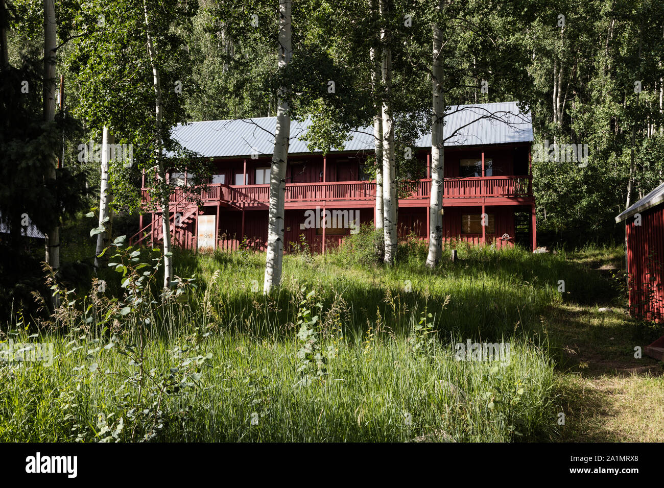 L'un des nombreux Colorado Outward Bound School cabines et ses bâtiments administratifs, au fond des bois, haut au-dessus de la ville de marbre dans Gunnison Comté (Colorado) Banque D'Images