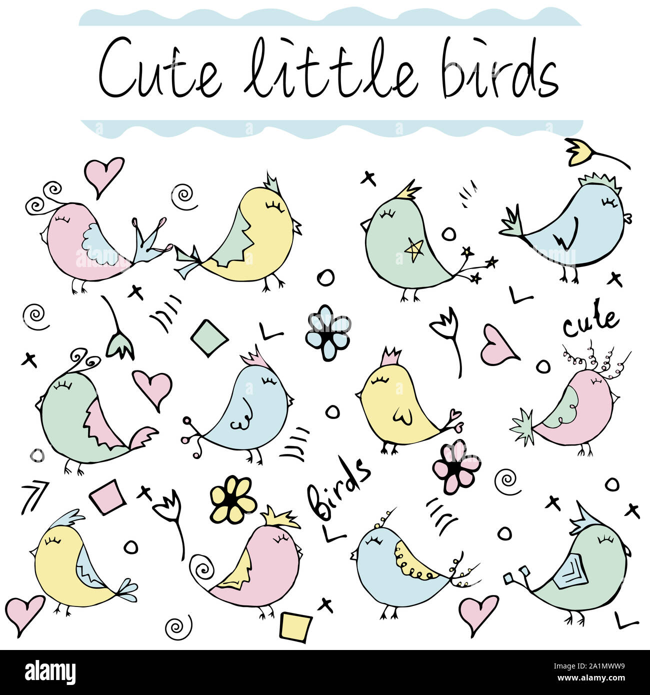 Collection Doiseaux Colorés Cute Doodles Oiseau Dessiné à La Main