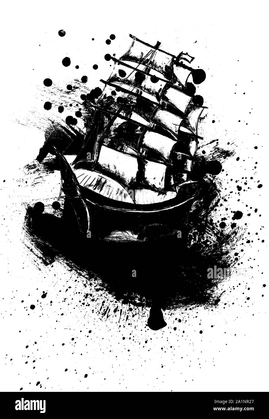 Ancien navire à voiles, frégate dans la mer croquis détaillé. Banque D'Images