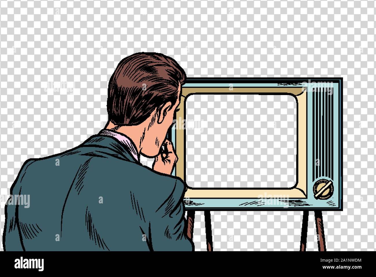 Afficheur d'hommes regardant la télévision. La propagande de la télévision, du cinéma et des nouvelles. Retro pop art dessin illustration vectorielle Illustration de Vecteur