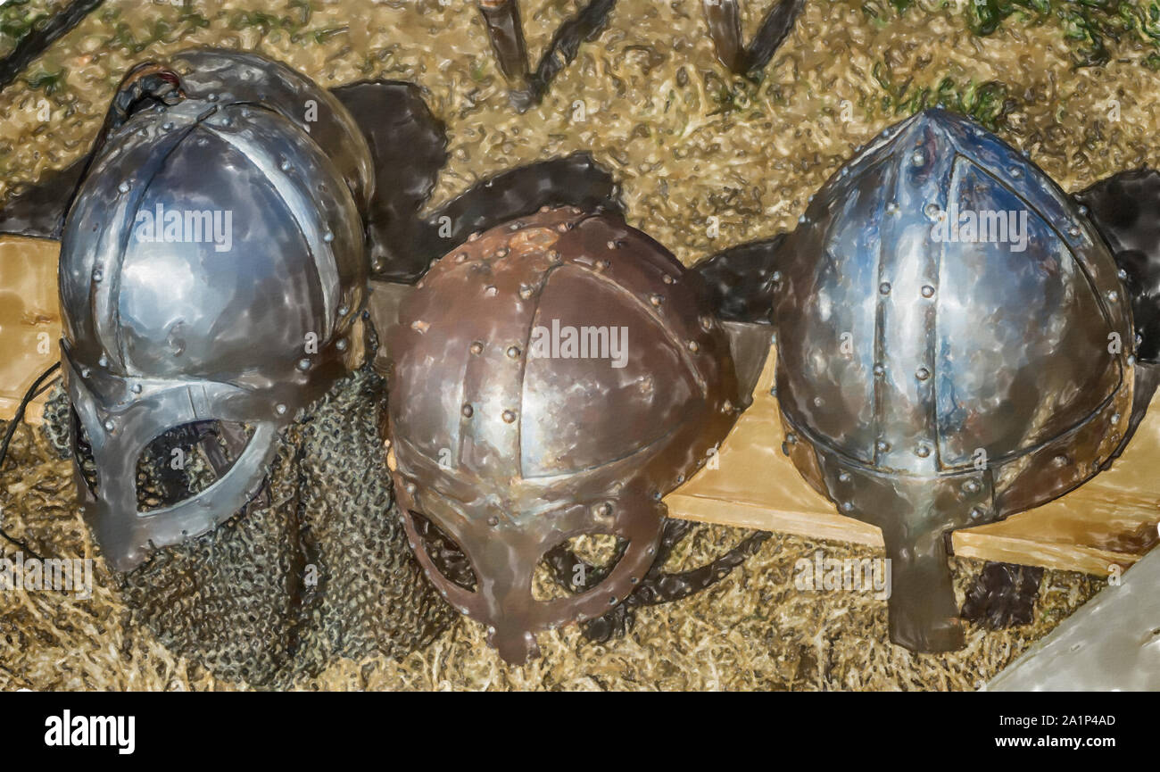 Illustration à l'aquarelle : Trois casques avec protection nez comme portés par les chevaliers du Moyen Âge au Moyen Âge. Banque D'Images