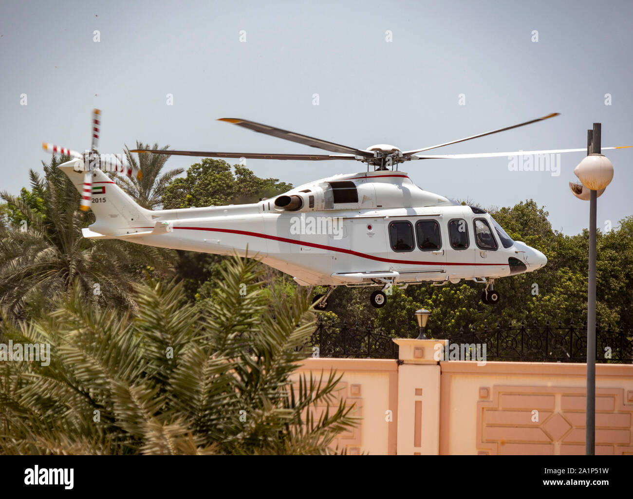 L'atterrissage d'hélicoptère privé au palais Mubarak, Bateen, Abu Dhabi, UAE Banque D'Images