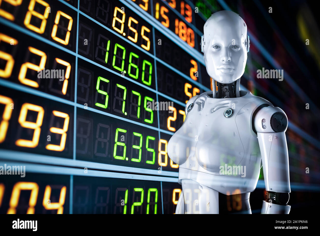 Technologie concept financier avec rendu 3D ou le robot cyborg femelle analyser stock market Banque D'Images