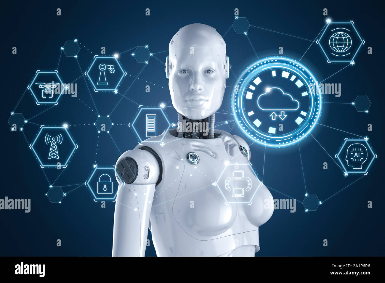 La technologie cloud computing concept avec rendu 3D avec des icônes de travail robot femelle Banque D'Images