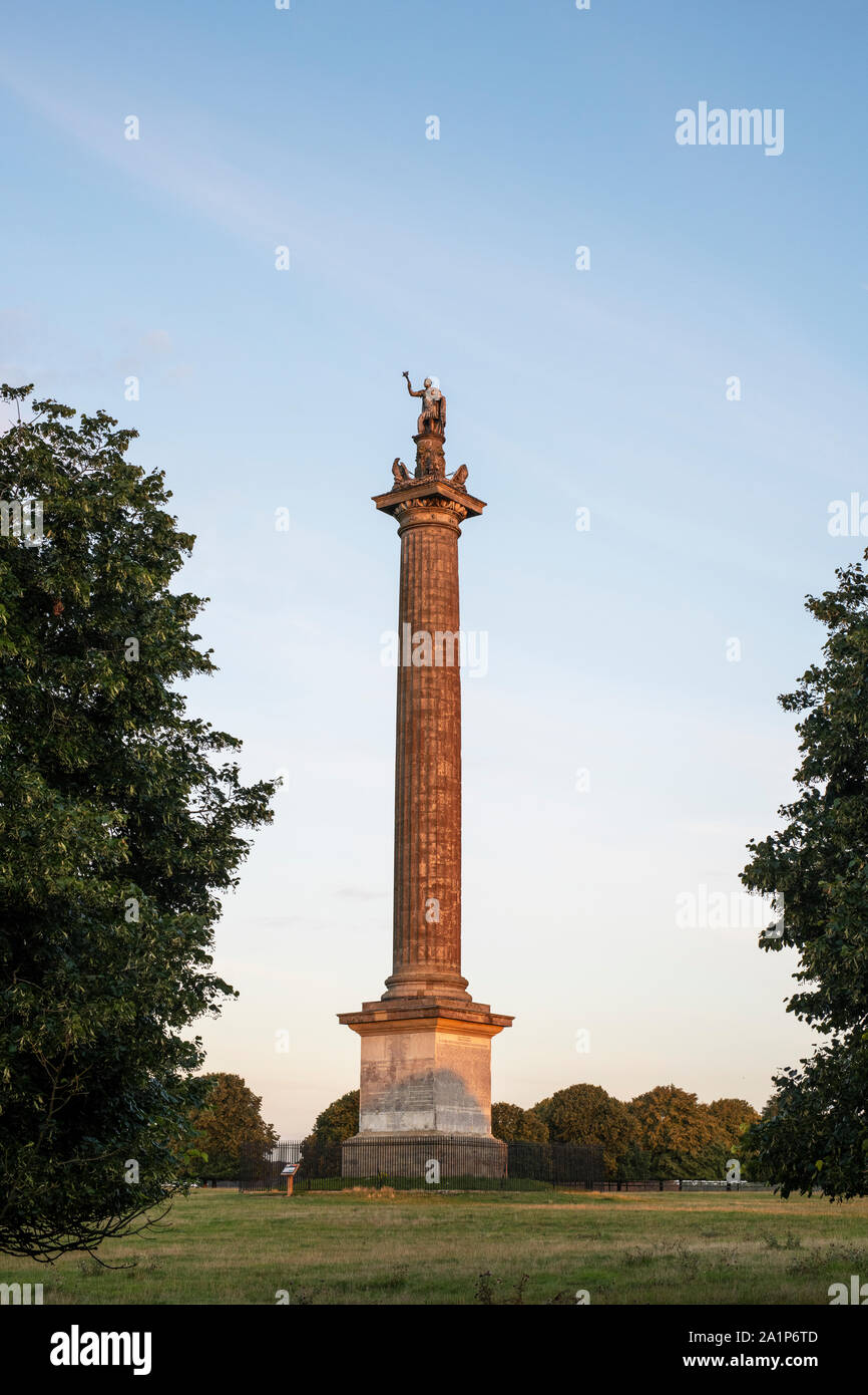 La colonne de la victoire au lever du soleil. Blenheim Palace park, Woodstock, Oxfordshire, Angleterre Banque D'Images