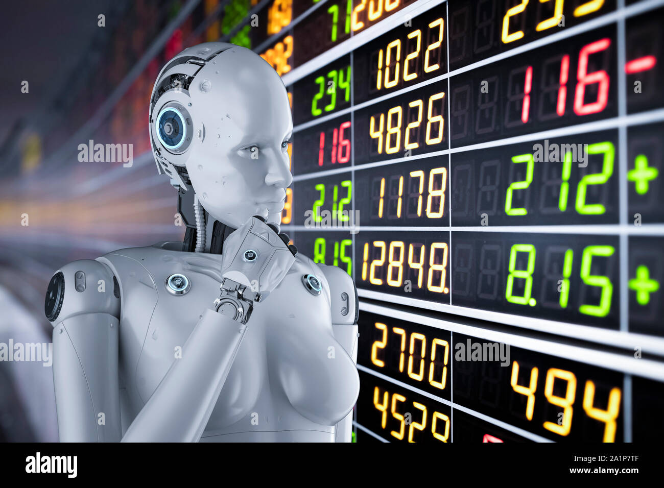 Technologie concept financier avec rendu 3D ou le robot cyborg femelle analyser stock market Banque D'Images