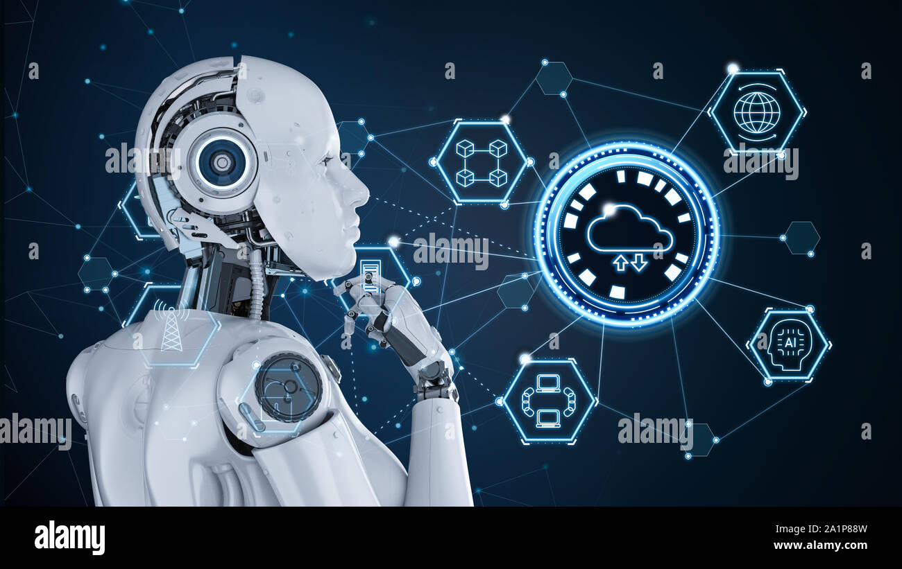 La technologie cloud computing concept avec rendu 3D avec des icônes de travail robot femelle Banque D'Images