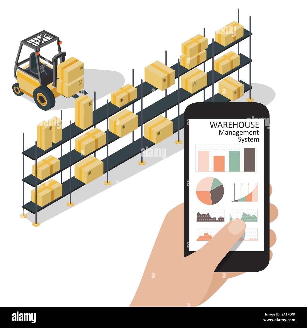 Système de gestion d'entrepôt Smart app.Worker hand holding phone avec contrôle d'entrepôt infographie app. Vector illustration isométrique. Illustration de Vecteur