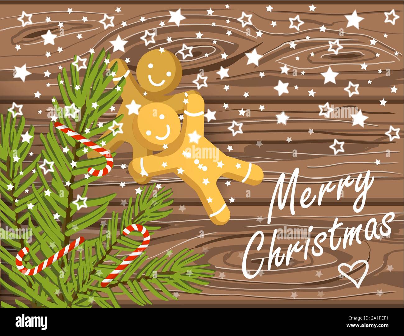 Noël arrière-plan vecteur dessiné à la main, la texture en bois brun avec des branches d'arbre de Noël, des cannes de bonbon, gingerbread men et joyeux noël le lettrage Illustration de Vecteur