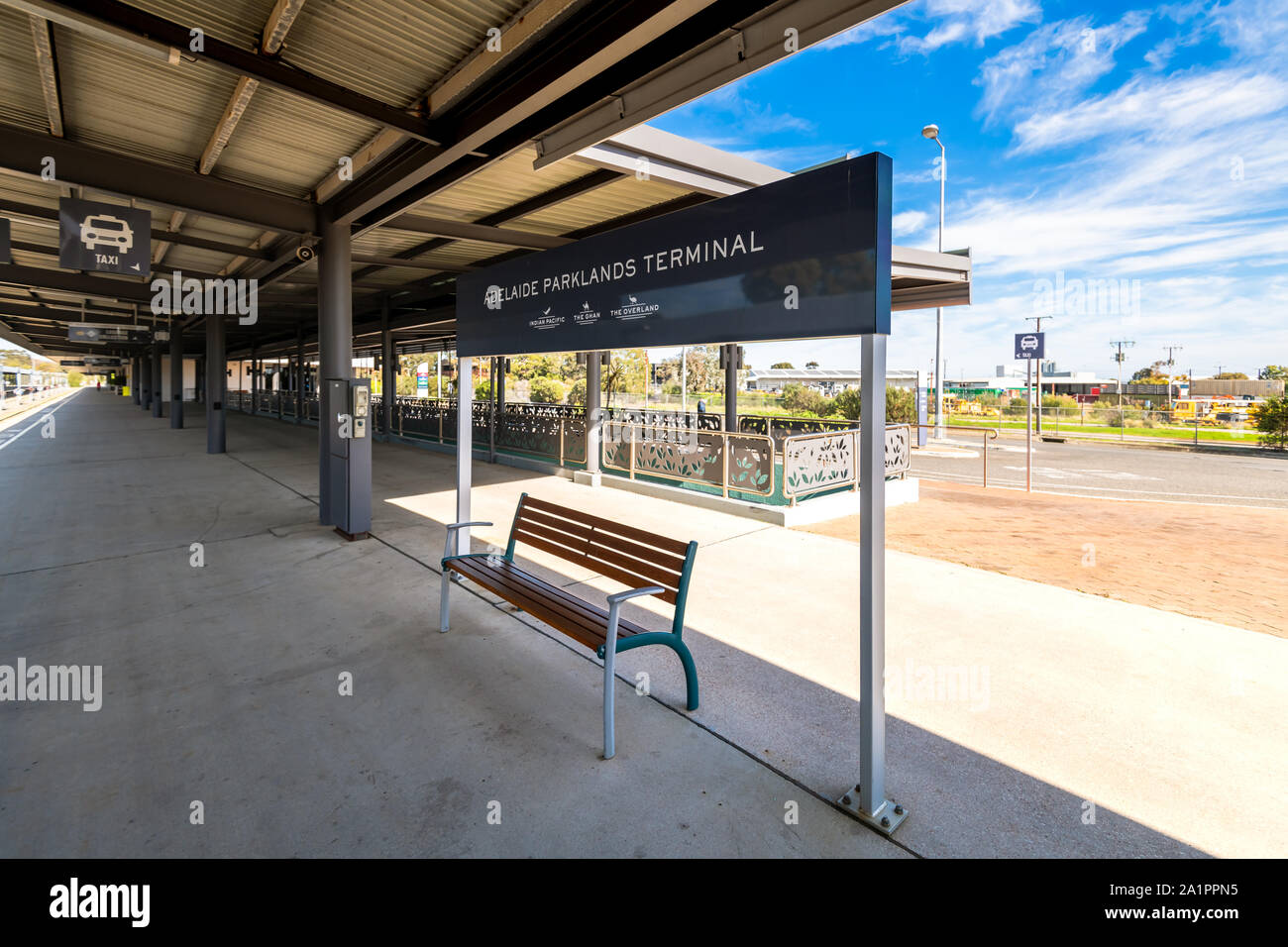 Adélaïde, Australie du Sud - le 4 août 2019 : vide Parklands Terminal après tous les passagers du train Ghan a quitté Adélaïde à Darwin pour l'a Banque D'Images