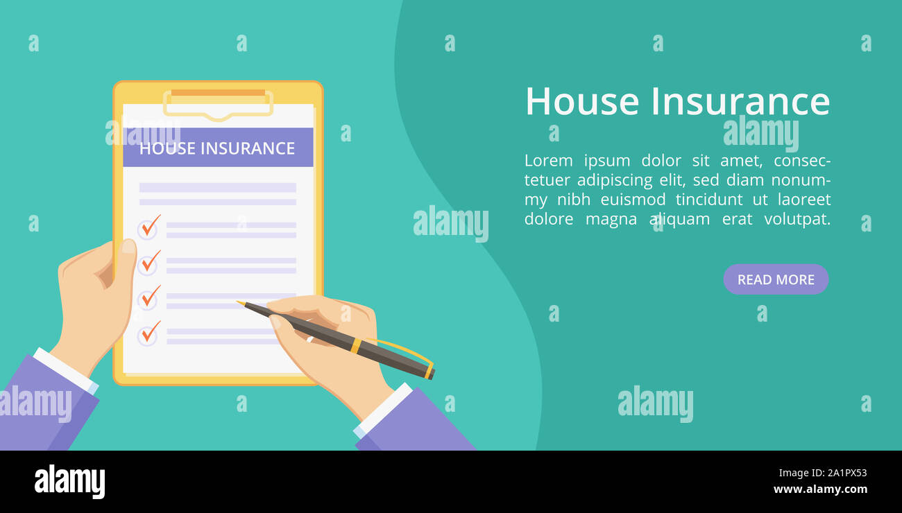 Chambre d'assurance sur le presse-papiers avec les mains landing page concept. Service en ligne pour les soumissions d'assurance propriété green page web, télévision, mains de l'homme politique de la chambre de dépôt sur formulaire Liste de vérification avec le presse-papiers Banque D'Images