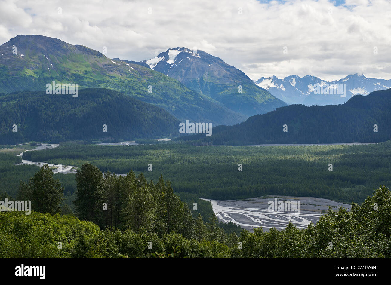 Vue depuis la Harding Icefield Trail jusqu'à l'endroit où le ruisseau Paradise coule dans la Resurrection River. Banque D'Images