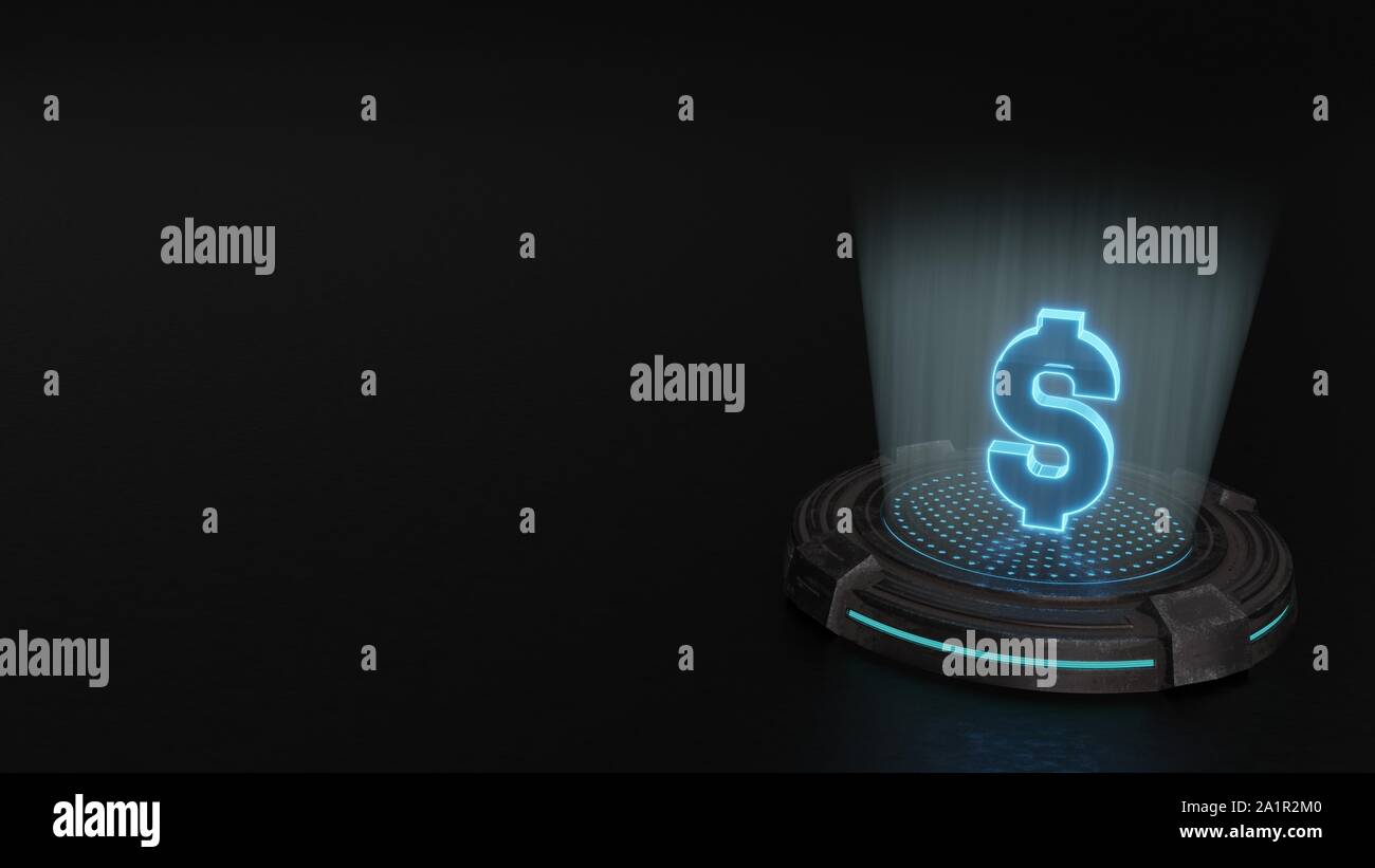 Rayures bleu laser numérique hologramme 3d symbole de symbole dollar rendre sur vieux métal fond pavé sci-fi Banque D'Images