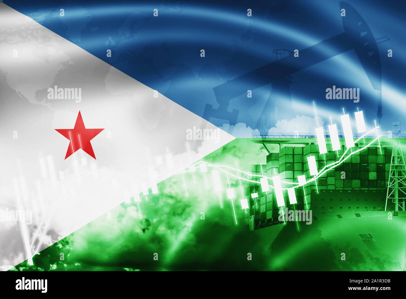 Djibouti drapeau, bourse d'échange, l'économie et du commerce, la production de pétrole, porte-conteneurs dans des affaires d'exportation et d'importation et de la logistique. Banque D'Images