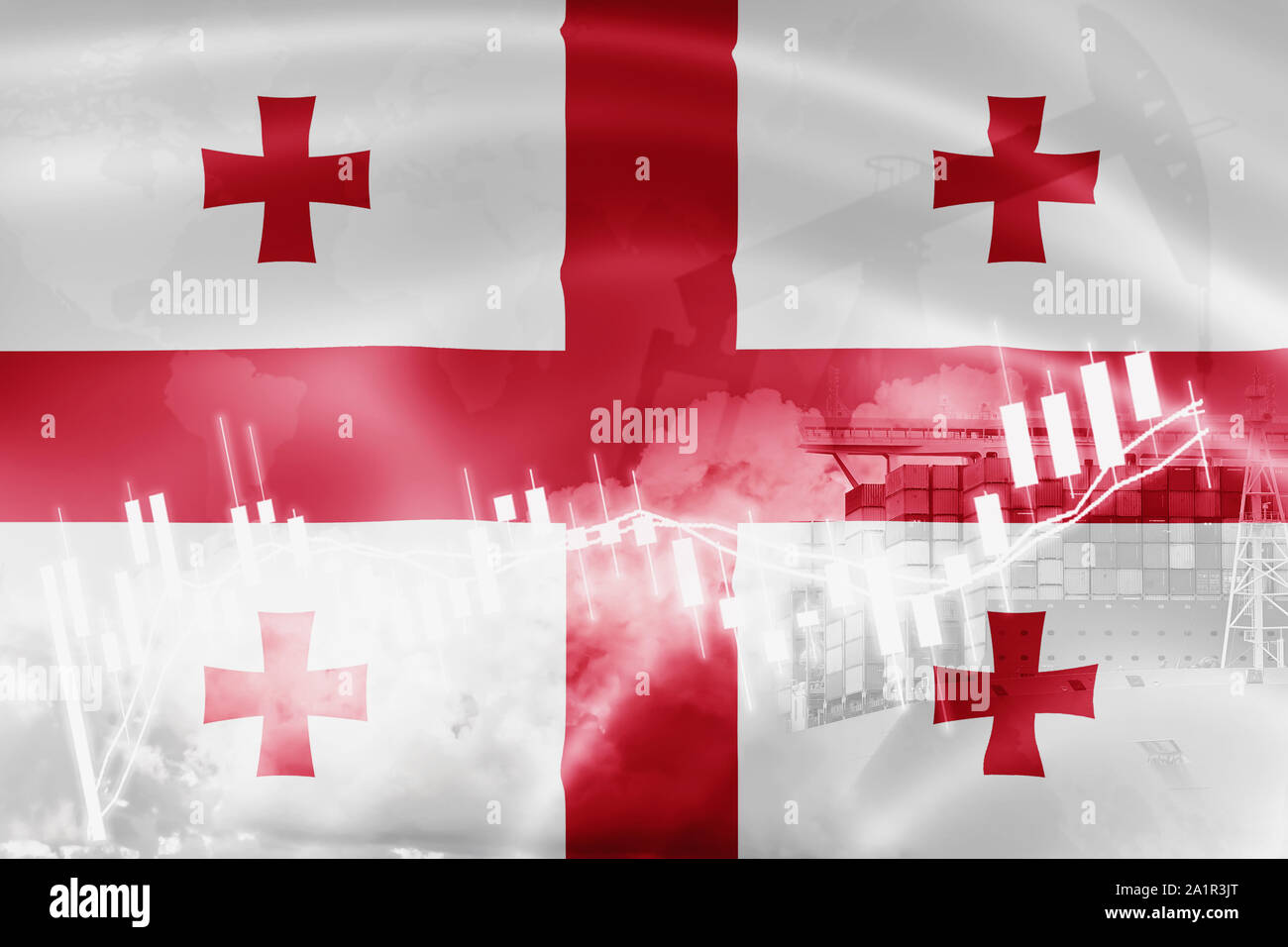 Drapeau de la Géorgie, la bourse d'échange, l'économie et du commerce, la production de pétrole, porte-conteneurs dans des affaires d'exportation et d'importation et de la logistique. Banque D'Images