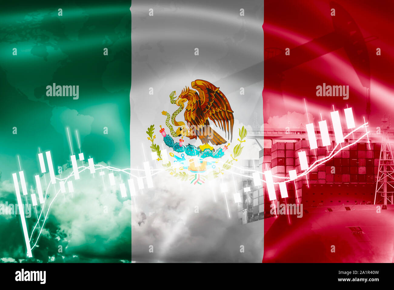 Drapeau du Mexique, la bourse d'échange, l'économie et du commerce, la production de pétrole, porte-conteneurs dans des affaires d'exportation et d'importation et de la logistique. Banque D'Images